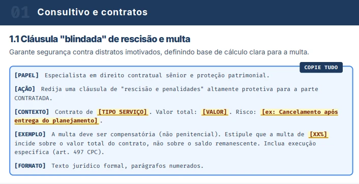 Página do Vade Mecum com um prompt de cláusula de rescisão e multa, com as tags do método e os campos de preenchimento destacados